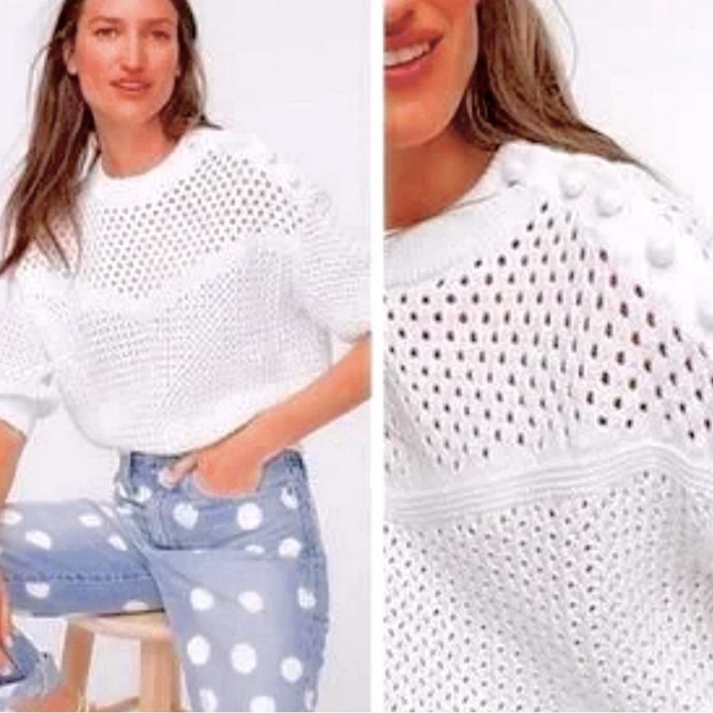 J Crew, White Sweater with Intricate Open-Weave Design and large buttons, Size M